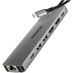 Axagon HMC-7HX2 USB-C 5Gbps DUAL 4K DISPLAY 7in1 hub (USB-C, 7 Ports), Dockingstation + USB Hub, Grau
