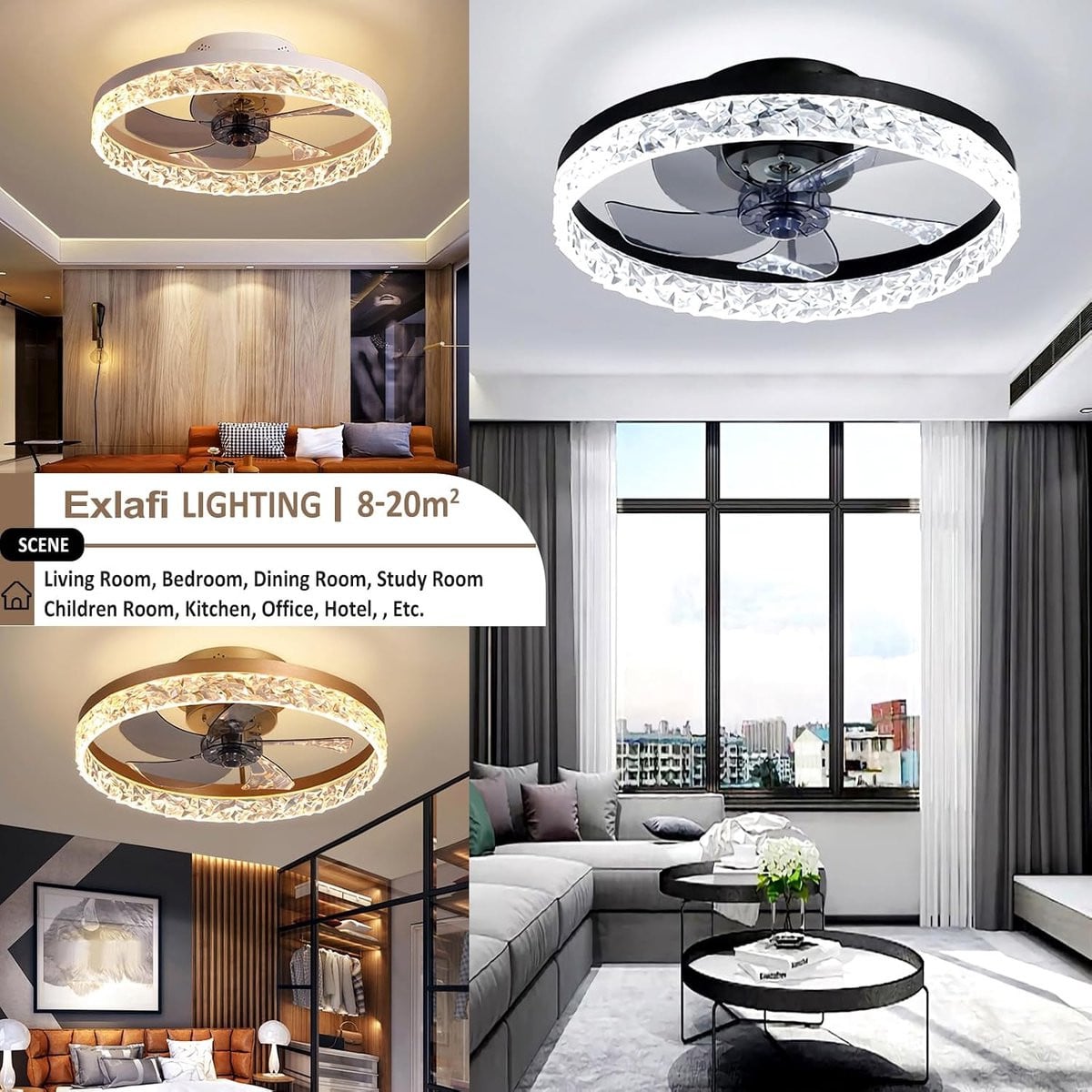 Moderne zwarte plafondventilator met LED-verlichting en stille DC-motor, diameter 50 cm