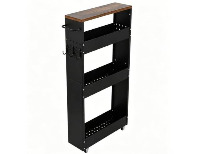 Schmaler Rollwagen Metall, Nischenregal Mit Rädern, Küchenwagen Für Lücken Robustes Metall, 13cm Schlankes Design, Stabile Lagerung, Einfache Montage(Black,3Tier)