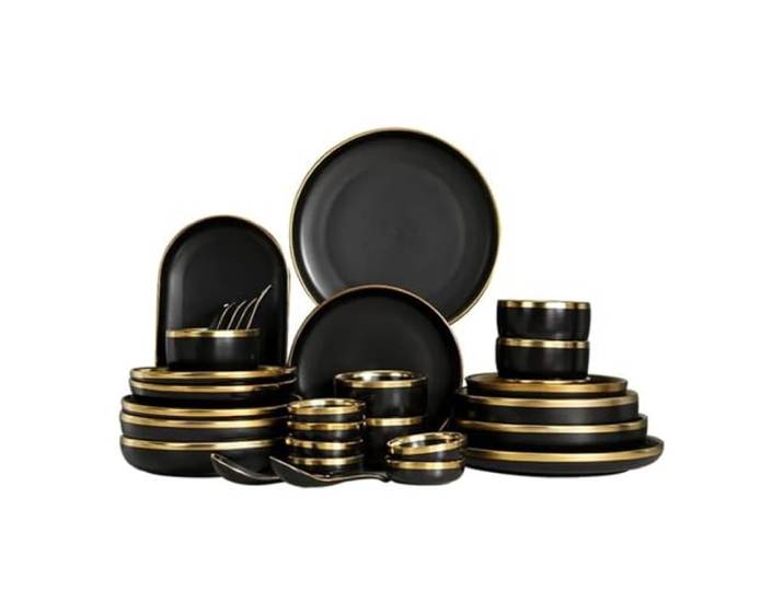 CYMMIYT Geschirrset Schwarze Porzellan-Teller, Küchengeschirr, Keramik-Geschirr, Essenstablett, Reis, Salat, Nudeln, Schüssel, Besteck-Set(12pcs)