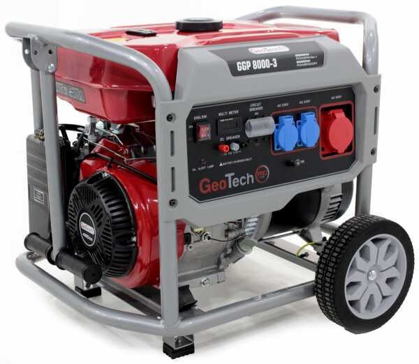 GeoTech Pro GGP 8000-3 - Benzin-Stromerzeuger mit Rädern und AVR-Regelung 6.6 kW - Dauerleistung 6 kW - 400V