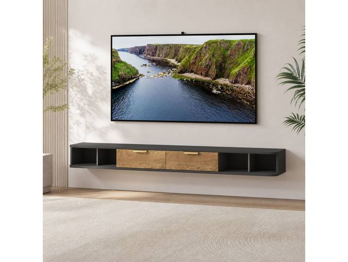 HOMCOM Meuble TV Suspendu Gris Foncé 120 cm avec Rangement