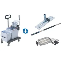 Vileda UltraSpeed Pro Doppelfahreimer Ready to Go Set TRIO Chassis, 25&10 L Eimer, Presse, Mophalter, Mop, Stiel, Bügel