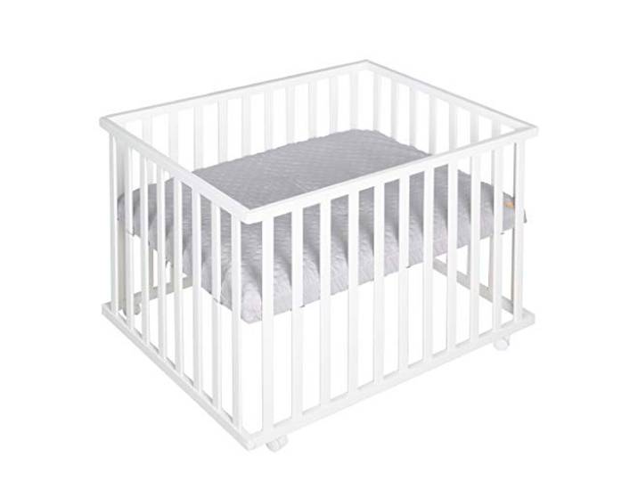 roba Laufgitter 75 x 100 cm - Baby Spielgitter + Einlage roba Style grau - 3-fach höhenverstellbar - Mobiler Laufstall mit Rollen - Holz weiß