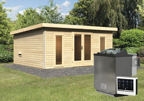 Saunahaus Karibu Sainburga 4 Set A inkl. 9 kW Ofen u.ext. Steuerung mit Vorraum, Fenster und Holztüre mit Klarglas