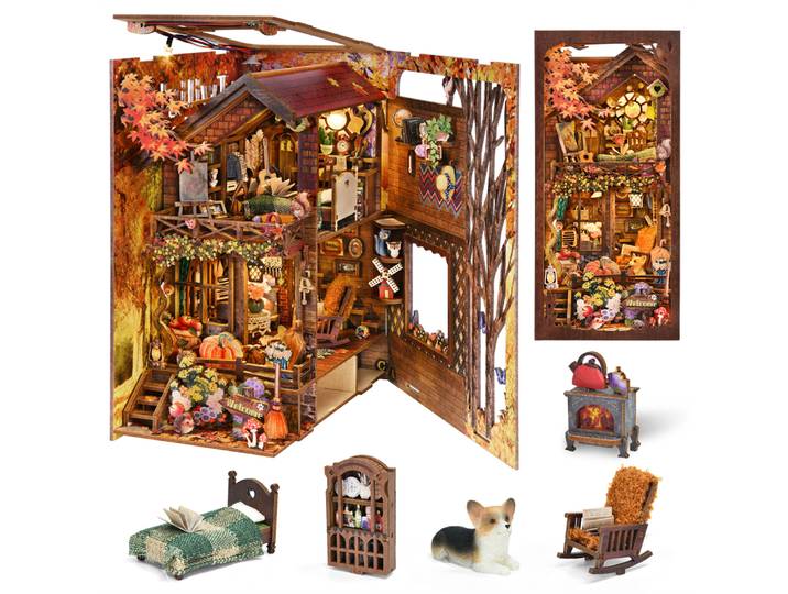 Kit de coin de livre à monter soi-même, Puzzle 3D en bois pour Thanksgiving, décoration de la maison pour bibliothèque, insertion Miniature, livre magique, support de maison, bibliothèque