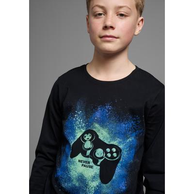 Langarmshirt KIDSWORLD "GAMER", Jungen, Gr. 140/146, schwarz, Jersey, Obermaterial: 100% Baumwolle, bedruckt, Basic, Basic, Rundhals, Shirts Langarmshirt, Gamer-Shirt Langarm, Basic-Passform, mit trendigem Aufdruck