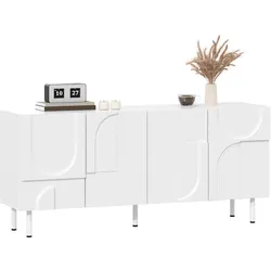 MODFU Sideboard 160x39x70 cm Weiß mit geometrischen Türen und viel Stauraum, MDF+Spanplatte, Metallfüße, leise Scharniere, modern