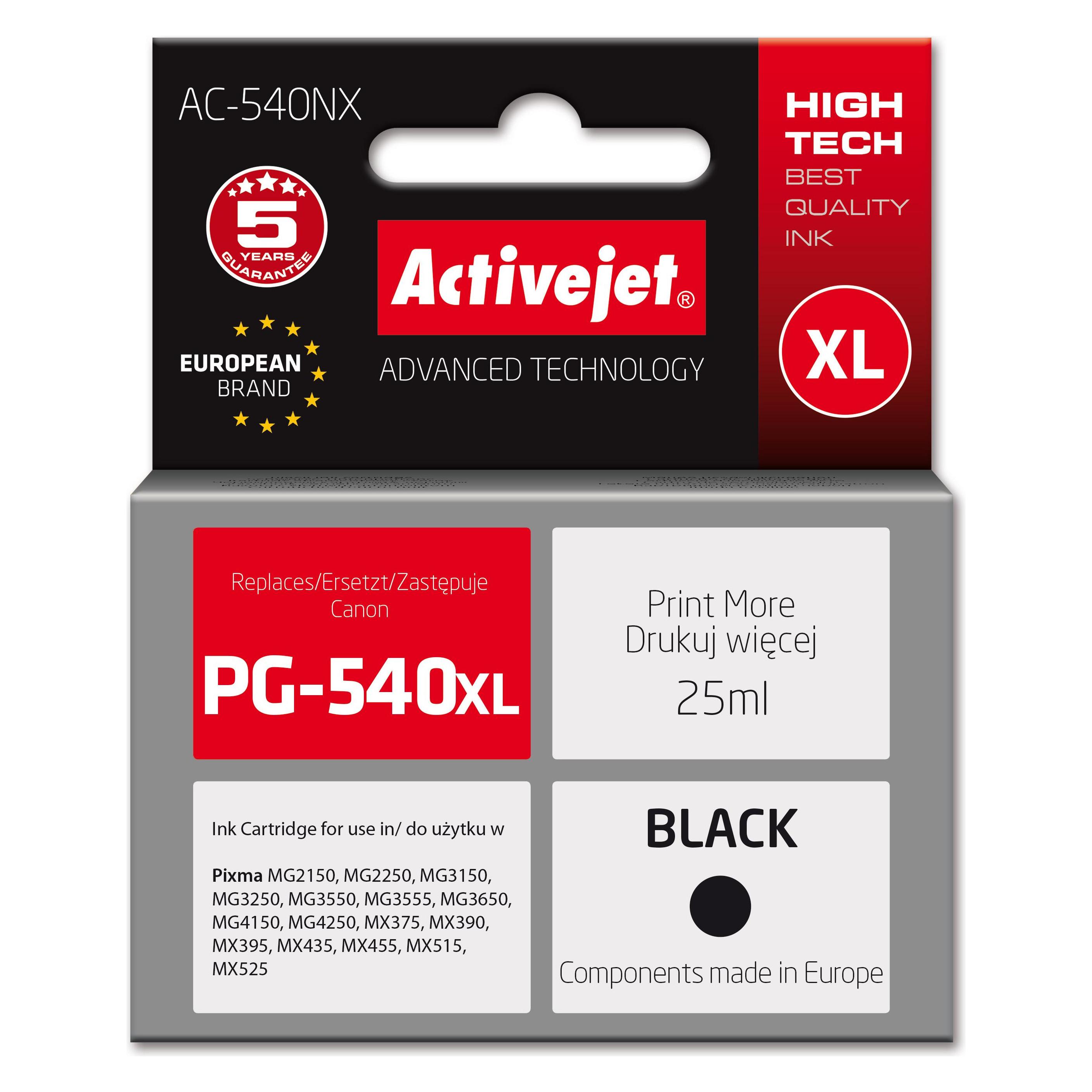 Activejet AC-540NX Tinte für Canon Drucker (Ersatz für Canon PG-540XL) Supreme 25 ml schwarz (BK) (AC-540NX)
