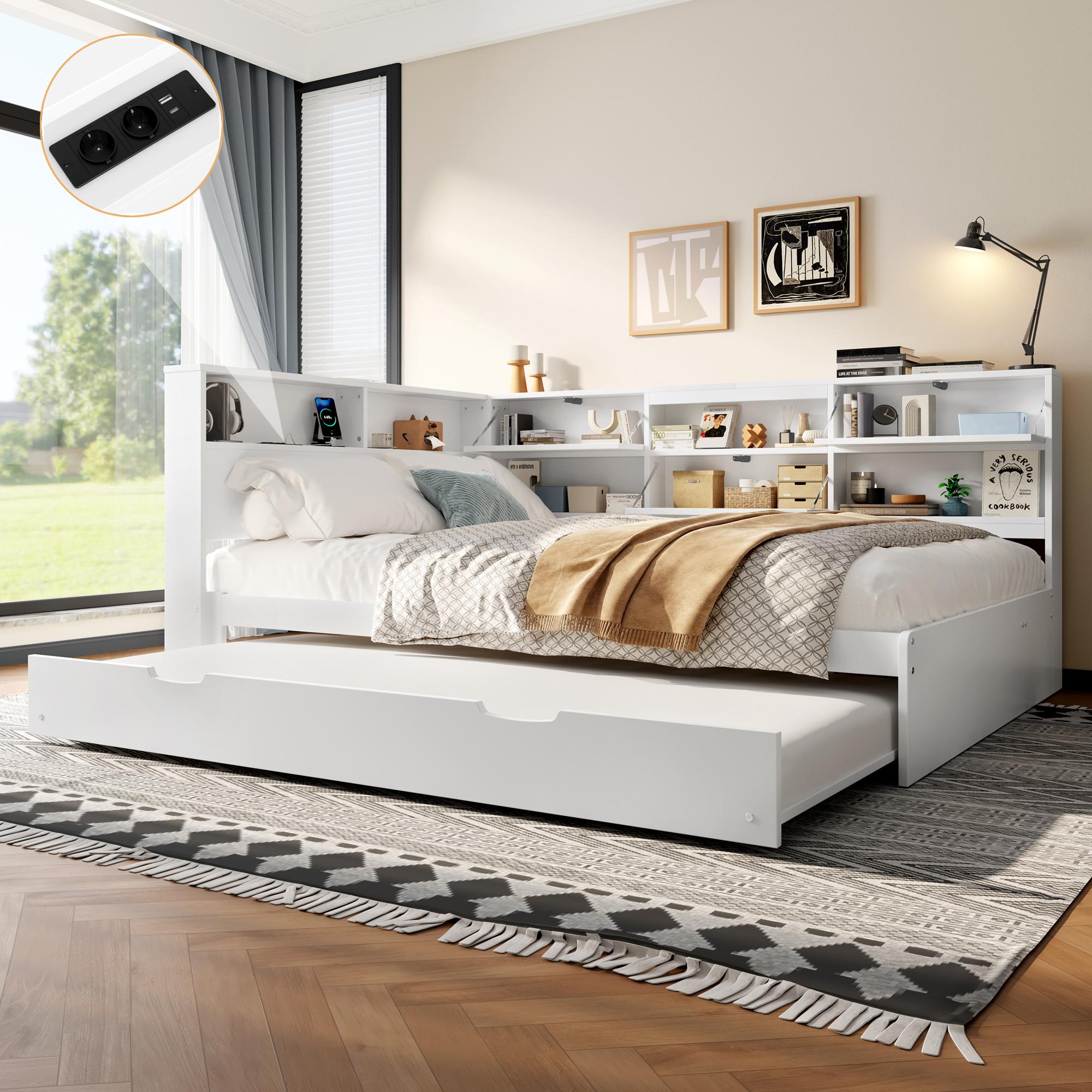 Daybett,Schlafsofa,140x200cm,Kopfteil mit Staufach,Ausziehbares Bett,Ohne Matratze,Weiß