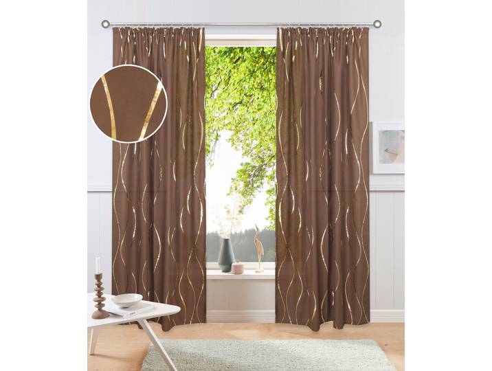 Gardine GOODPRODUCT Quinnton , braun (braun, goldfarben), B:140cm H:225cm, Polyester, Gardinen, Gardine, Metallic‑Akzenten, Kräuselband, schöner Stoff, mittelleicht