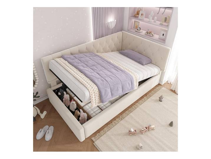 LuxusKollektion Polsterbett Einzelbett 90x200cm mit Stauraum Samt-Optik L-Design
