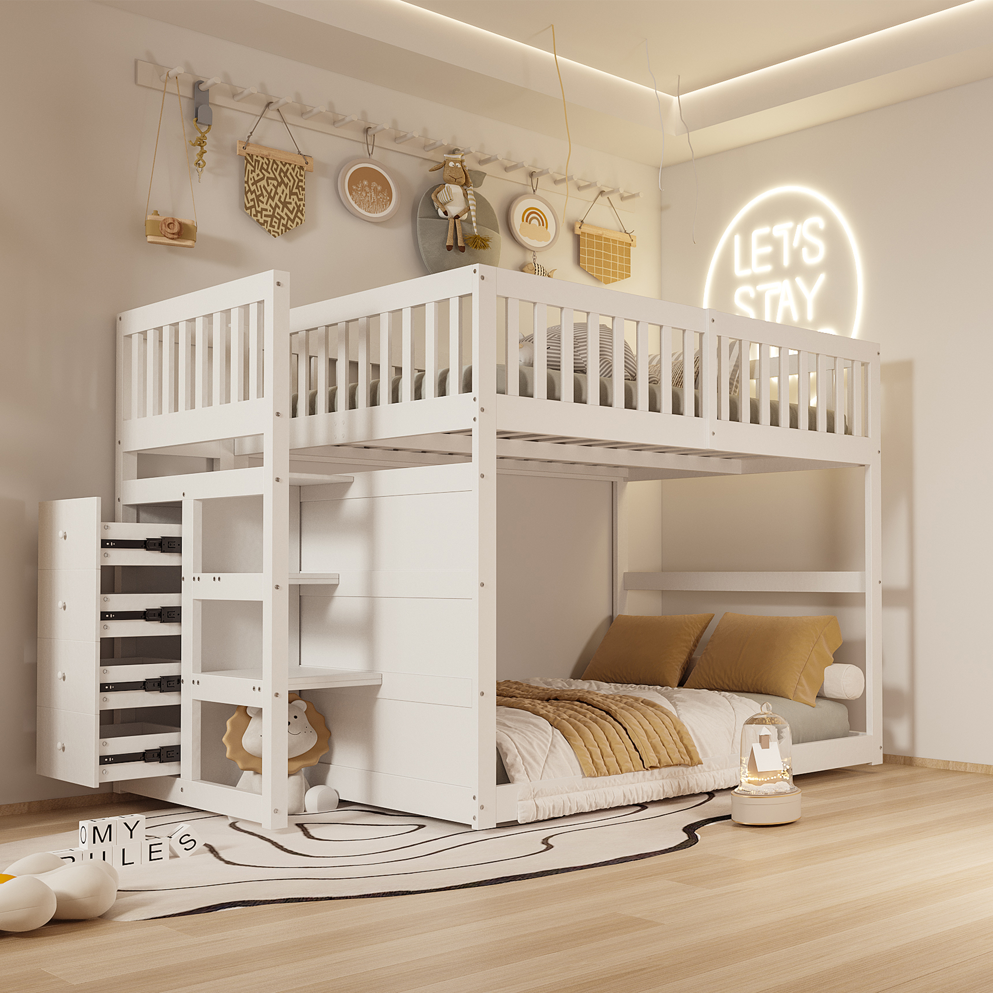 Niedriges Etagenbett 140 x 200 cm, Sicherheits-Etagenbett mit Staufach, hohes Zaun-Design, Holzbett, weiß