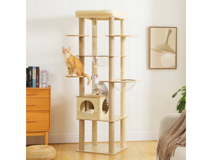 Arbre à chats multi-niveaux pour chats d'intérieur, tour à chat en bois avec griffoirs, grand espace de vie, hamac confortable, grand perchoir supérieur, griffoire pour chat, jouets pour chats,