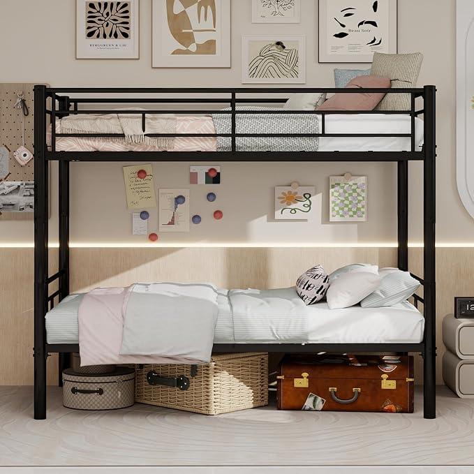 Etagenbett 90x200, Stockbett Metall mit Leiter & Rausfallschutz, umbaubar in 2 Einzelbetten, Hochbett für Kinder Jugendliche, Schwarz