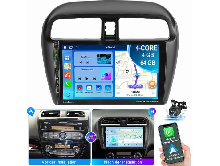 ESSGOO 9 Autoradio Für Mitsubishi Mirage Space Star Navi Carplay Autoradio (RDS, Digitalradio (DAB), FM, AM)