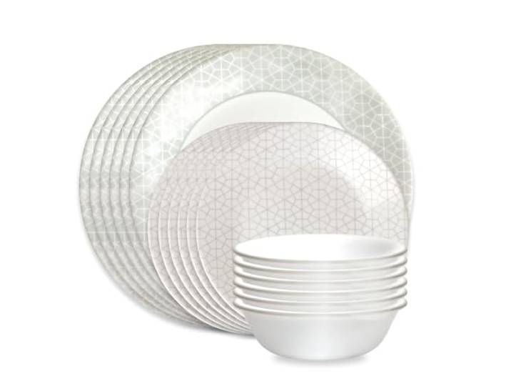 Corelle Vitrelle 18-teiliges Geschirrset aus Glas, Service für 6 Personen, dreilagig, splitter- und rissfest, Glasteller- und Schüssel-Sets, Knox