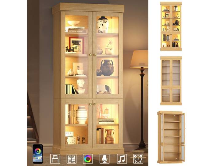 Armoire haute - 80 x 40 x 180 cm - MDF et verre - Vitrine avec éclairage LED - Étagères réglables