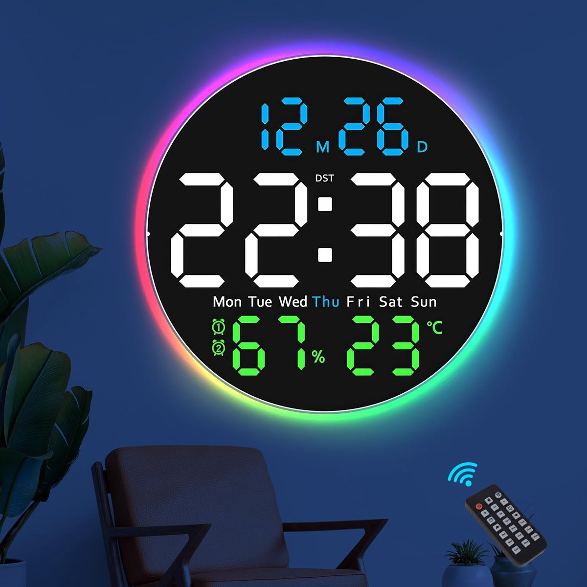 Digitale Wandklok met LED, Temperatuur, Kalender en Alarmfunctie
