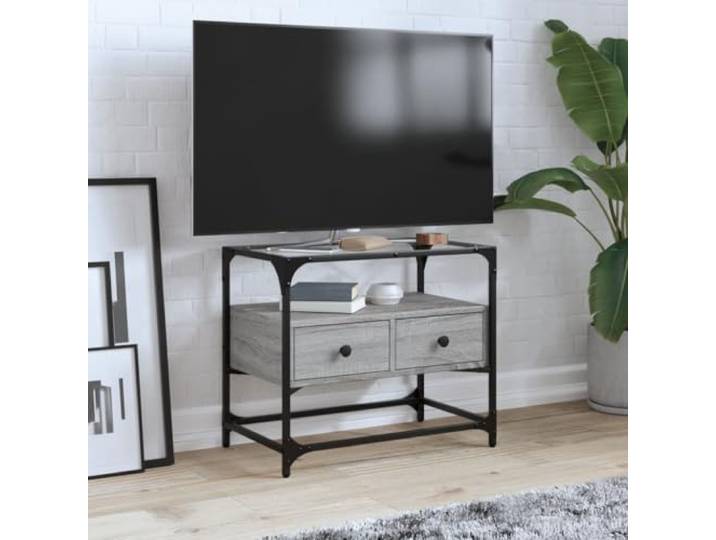 HEFZGDB TV-Schrank mit Glasplatte Grau Sonoma 60x35x51 cm Holzwerkstoff Metallrahmen Industriestil Zwei Schubladen Stauraum Beistellschrank Wohnzimmer TV-Ständer