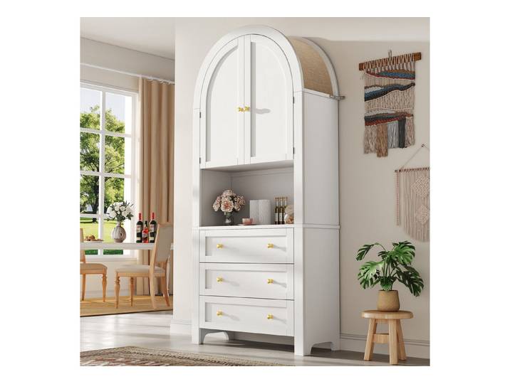 Fine Life Pro Sideboard Bogen-Aufbewahrungsschrank weiß, Türen, Schubladen, offene Regale