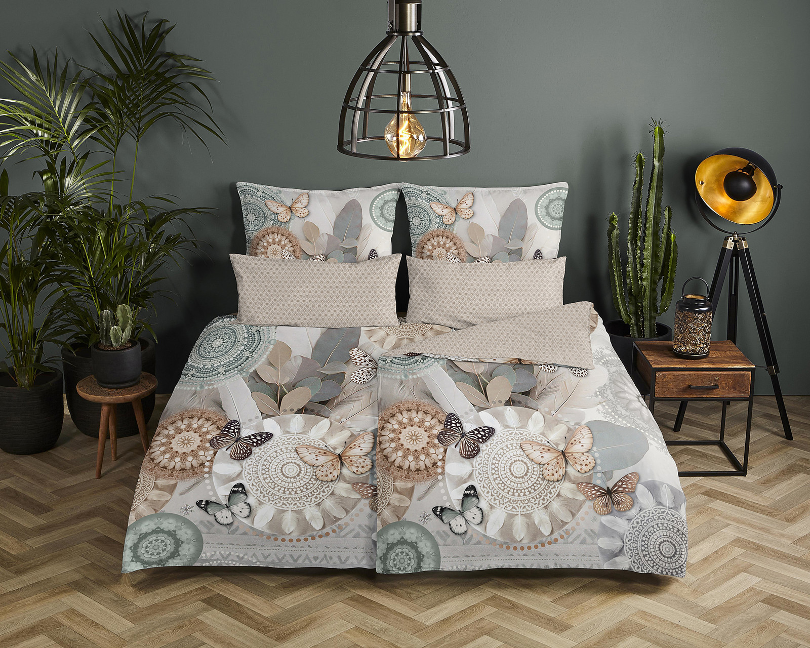 HIP Dekbedovertrek Alrune met kussensloop, Grijs/Beige, 100% Katoen, Bloemenprint