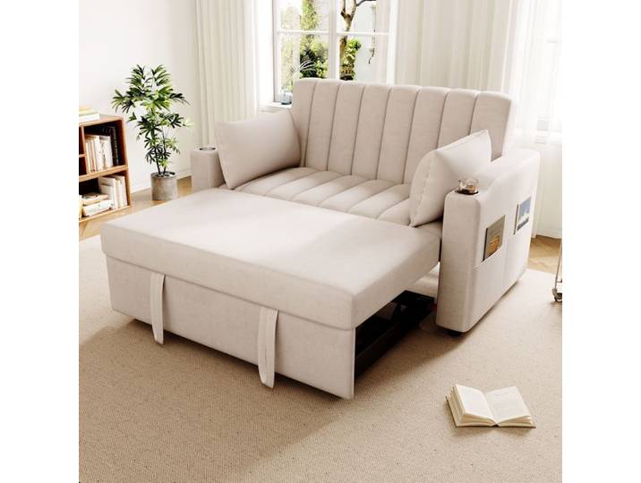 Canapé convertible - ZEVKOR - Canapé convertible 2 places - tissu beige - accoudoirs avec porte-gobelet - rangements latéraux