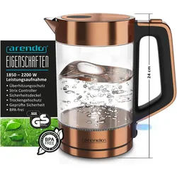 Arendo Frühstücks Set, Glas Wasserkocher 1,7l 2200W, 2-Scheiben Toaster & Eierkocher für 3 Eier, Kupfer, Wasserkocher, Kupfer