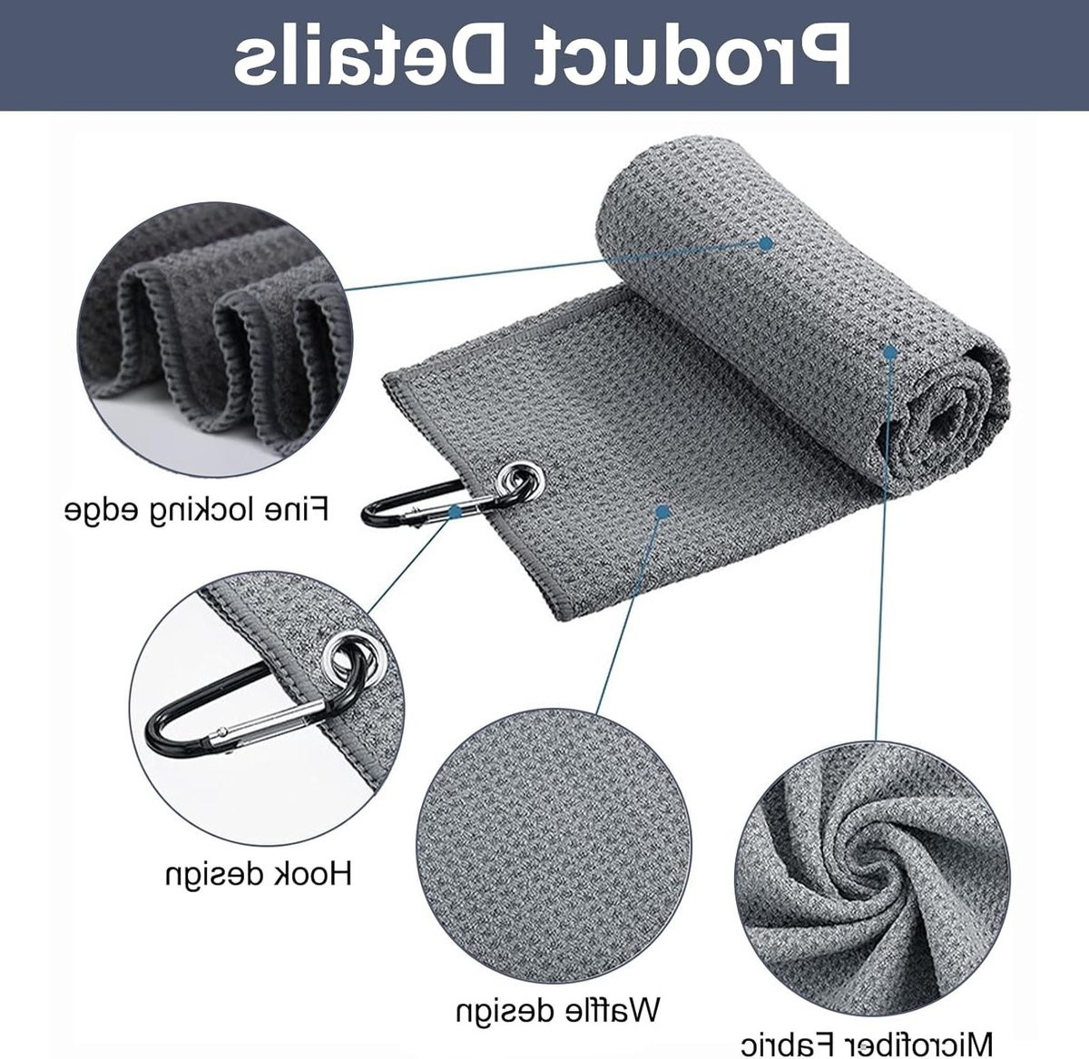 Set van 3 absorberende en sneldrogende microvezel golfhanddoeken met carabiner clip, 41 x 30 cm
