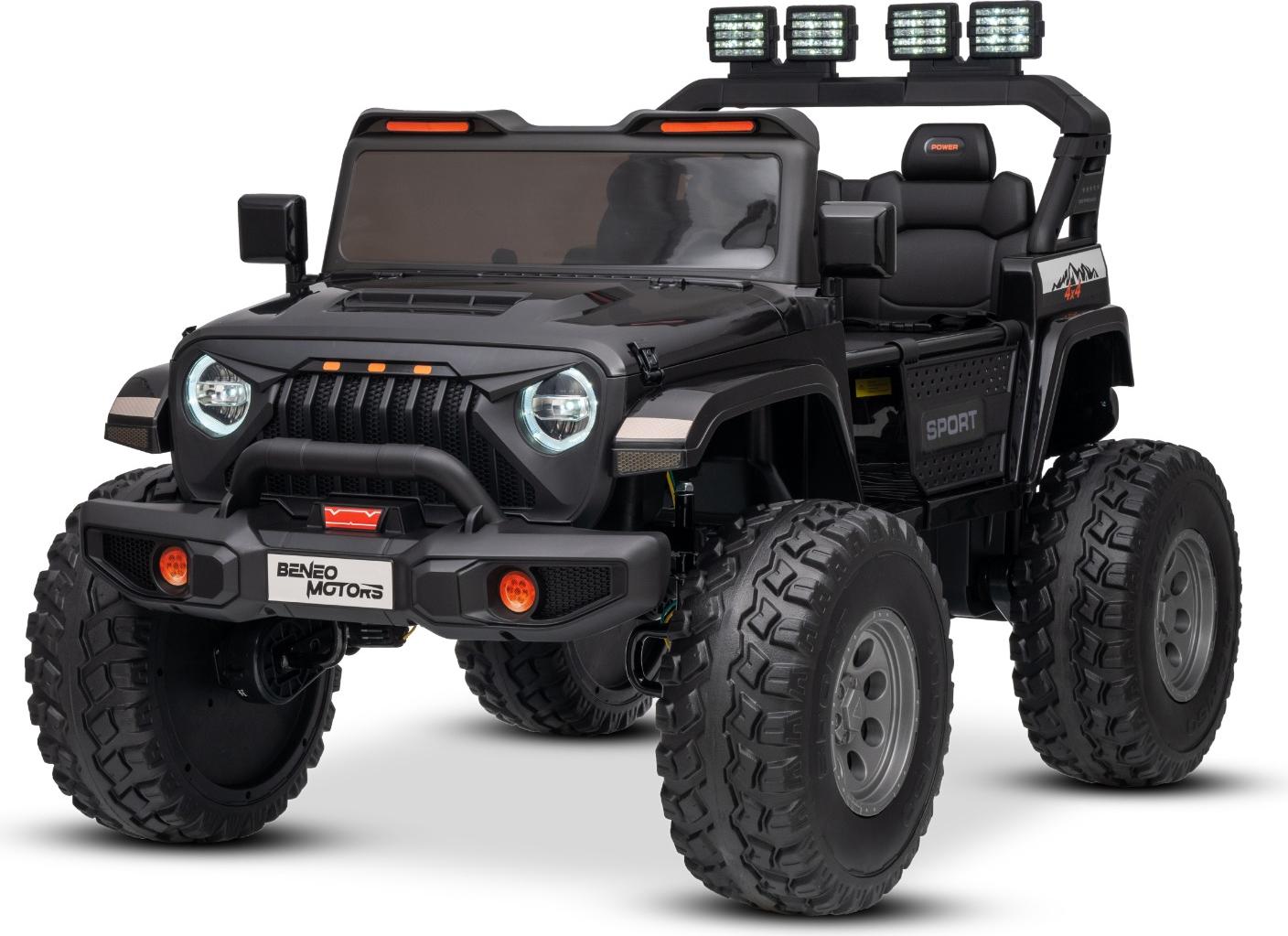 Elektrisches Kinderauto Beneo Motors OFFRIDE 4x4 Zweisitzer 24V, schwarz, MP3-Player mit USB/AUX-Eingang, 4x4 Antrieb, Lithium-Akku, große EVA-Räder mit Hinterradfederung, Fernbedienung, LED-Lichter