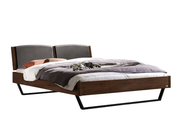 Bettgestell, Nussbaum Massivholz, Braun, 146×206 cm, Gepolstertes Kopfteil, Modern & Klassisch, Hasena
