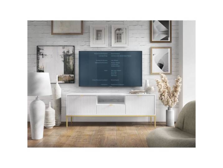Meuble TV - SELSEY - VELLORE - Blanc mat - Pieds dorés - 154 x 39 x 56 cm