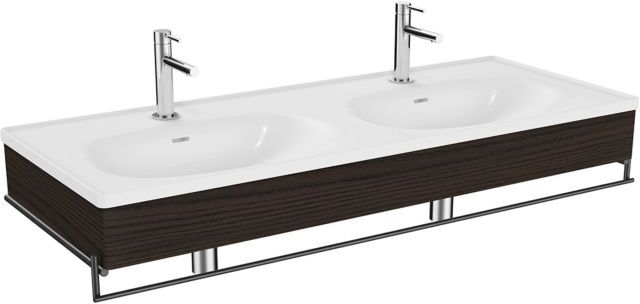 VitrA Equal Doppelmöbelwaschtisch-Set 64098 132,5x52cm, Möbelwaschtisch asymmetrisch, weiß, Handtuchhalter, mit Holzblende ulme