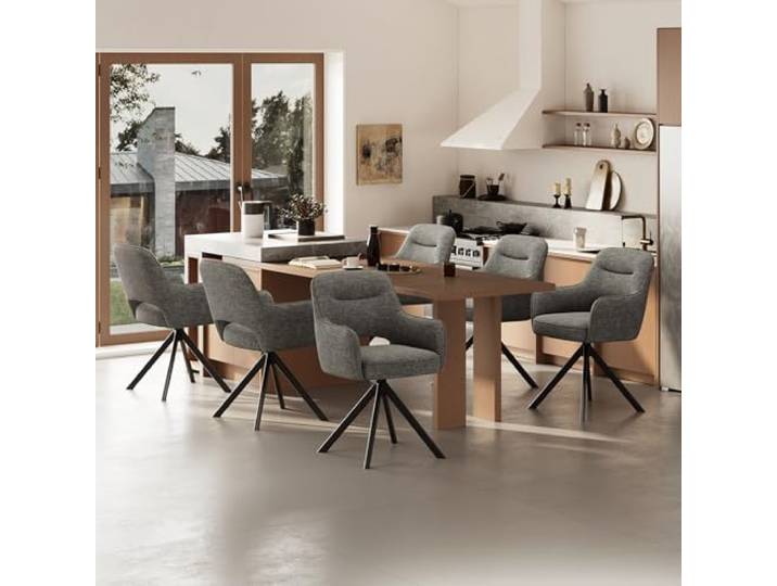 COLAMY Drehbare Esszimmerstühle 6er Set mit Armlehnen, Drehbare Polsterstühle für Küche & Esszimmer aus weichem Florstoff mit Metallgestell und Rückenlehne, für Esszimmer, Küche, Büro,Grau