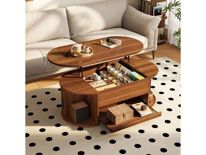 Table basse relevable couleur noyer avec rangement caché portes coulissantes plateau extensible salon 110x55x55 cm