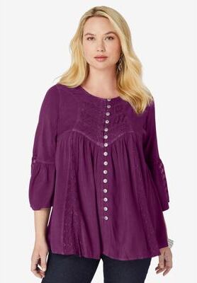 Plus Size Women's Taylor Acid Wash Big Shirt by Roaman's in Dark Berry (Size 18 W)