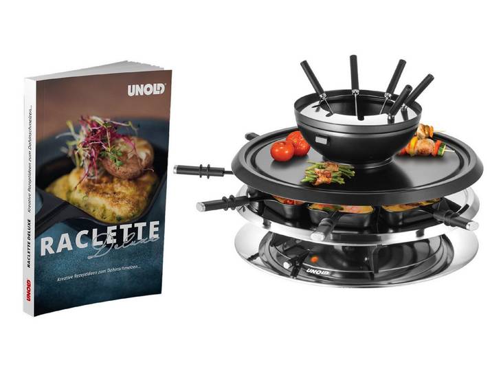 Unold Raclette Multi 4 in 1 Bundle inkl. Raclette Buch Deluxe -, 8 Raclettepfännchen, mit Fonduetopf abnehmbare Grillplatte antihaftbeschichtet