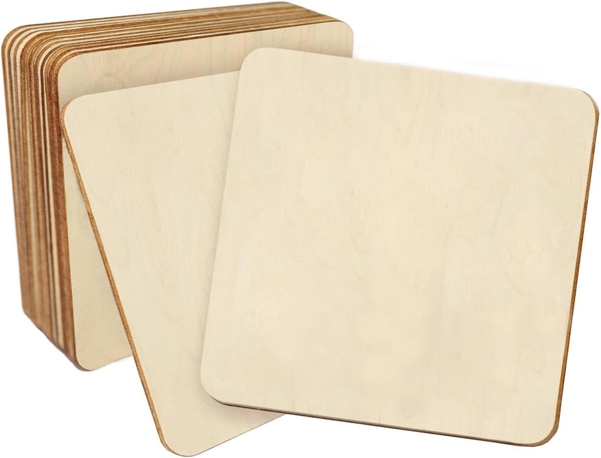 10 stuks Houten Schijven met Vierkante Platen - Dubbelzijdig Blank - 14 cm - Houtkleur