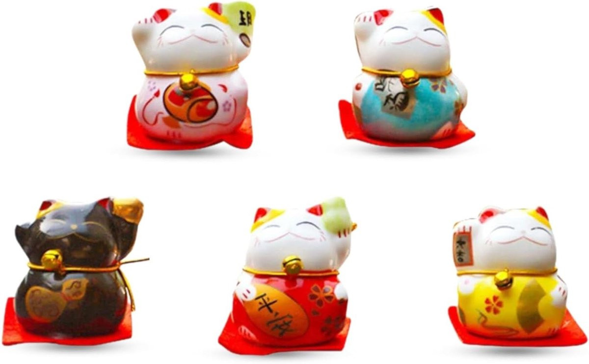 Set van 5 Maneki Neko Lucky Cat Beeldjes - Multicolor - Japanse Stijl Huisdecoratie