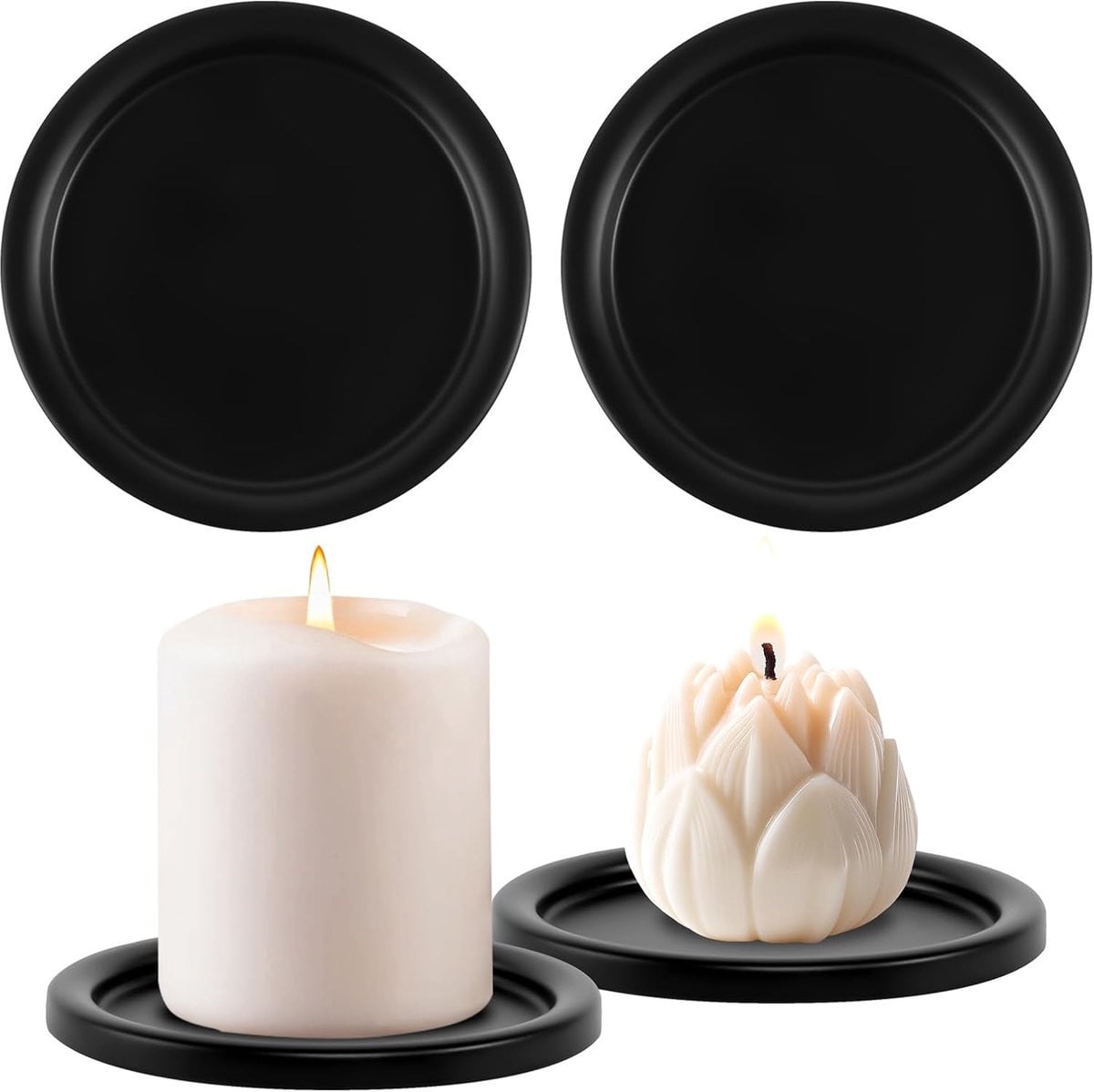 Set van zwarte ijzeren kaarshouders met dienbladen, diameter: 10 cm