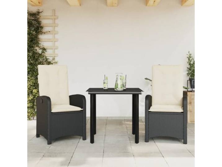 YUOTYRKTEJRSG Poly Rattan Wetterfest Esstischgruppe Schwarz 3 TLG 80 cm 3-tlg. Garten-Essgruppe mit Kissen Schwarz Poly Rattan Sessel Verstellbar Glas Tisch UV-Beständig