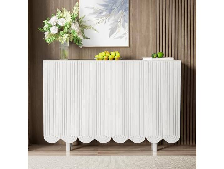 Fiednoy Sideboard Weiß 120 cm mit 4 Türen Tropfenförmiger Schnitzerei Kommode Wohnzimmerschrank mit Dämpferscharnieren, Verstellbaren Einlegeböden fur Esszimmer Flur