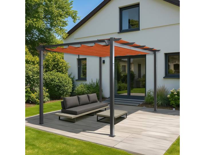 Aluminium Pergola HWC-N93, Gartenpavillon Pavillon Garten, stabiles 8cm-Gestell Schiebedach UV50+ 3x4m terrakotta
