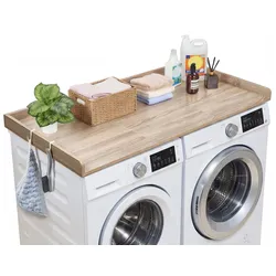 VEVOR Arbeitsplatte für Waschmaschine & Trockner (137 x 69,9 cm) mit Erhöhtem Rand & Haken, zur Organisation und Aufbewahrung im Wäscheschrank Speisekammer Küchentheke, 113 kg Belastbar, Eichenoptik
