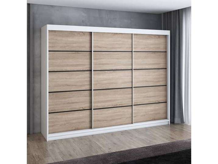 A&J MöbelLand MES Schwebetürenschrank 200 cm, Kleiderschrank 3-türig mit 4 Schubladen (Weiß/Sonoma/Sonoma/Sonoma)