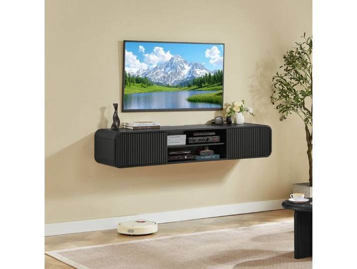 SENVIRO Meuble TV mural suspendu 160 x 38 x 30 cm noir 2 portes rangements ouverts et passe-câbles