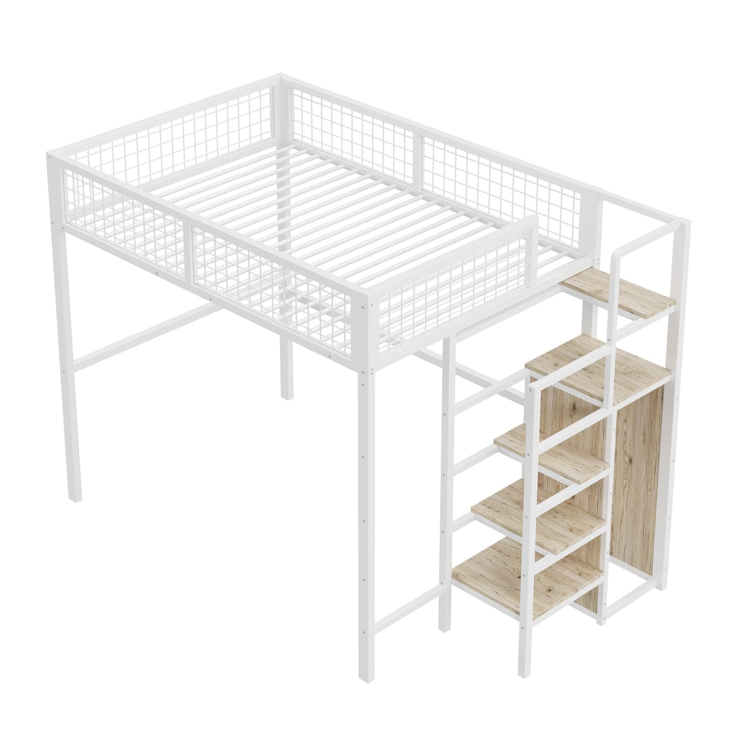 Hochbett 140*200 mit Leiter, Kinderbett mit Eisenrahmen und Aufbewahrungsregal, Kleiderschrank Weiß