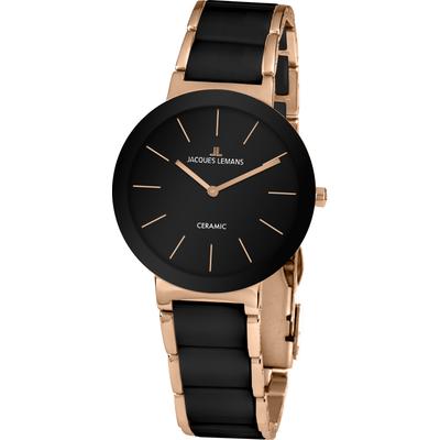 Keramikuhr JACQUES LEMANS "Monaco", rosa (schwarz, roségoldfarben, schwarz), Armbanduhren, Damen, roségoldfarben, Quarzuhr, Armbanduhr, Damenuhr, gehärtetes Crystexglas