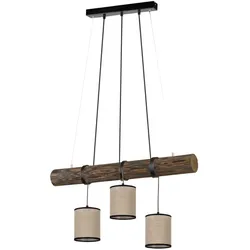 Pendellampe Esstisch Hängeleuchte Holz Wohnzimmerlampe beige, Pendelleuchte Höhenverstellbar Landhaus, Stoff Metall schwarz, 3x E27, LxBxH 65x13x140cm