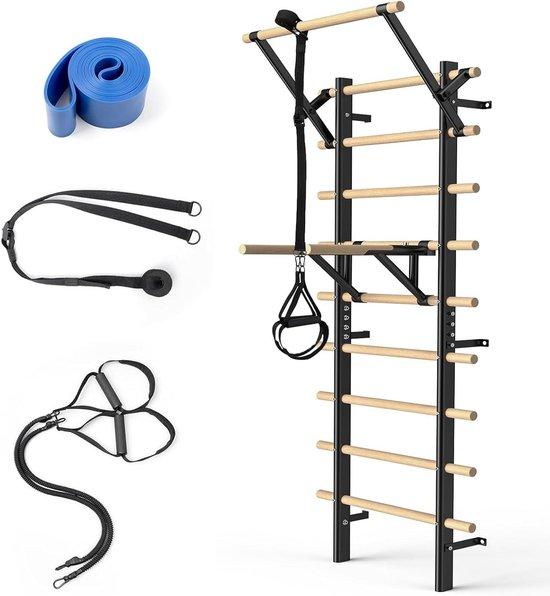 Wandmontage-Kraftstation - Klimmzugstange - Ganzkörpertraining - Verstellbar, Buchenholz - 220 cm hoch - Schwarz